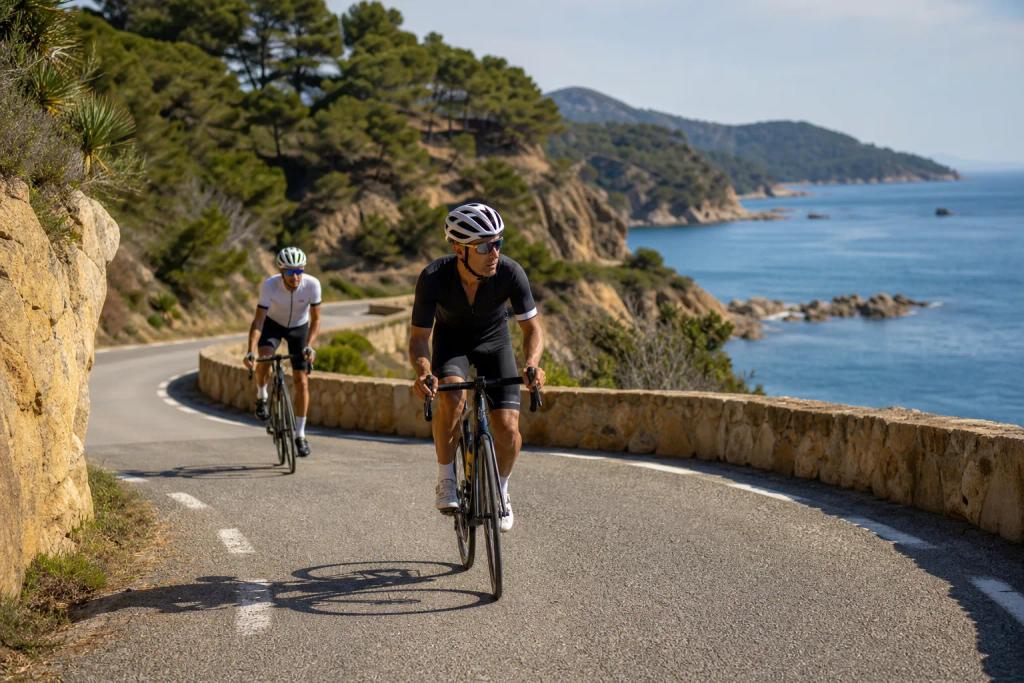 Road cyclists riding a cliff road above a small cove on the Costa Brava