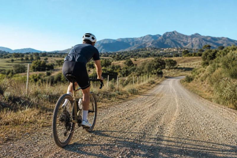 Cyclist on a quiet farm road near Marbella with hills in the background